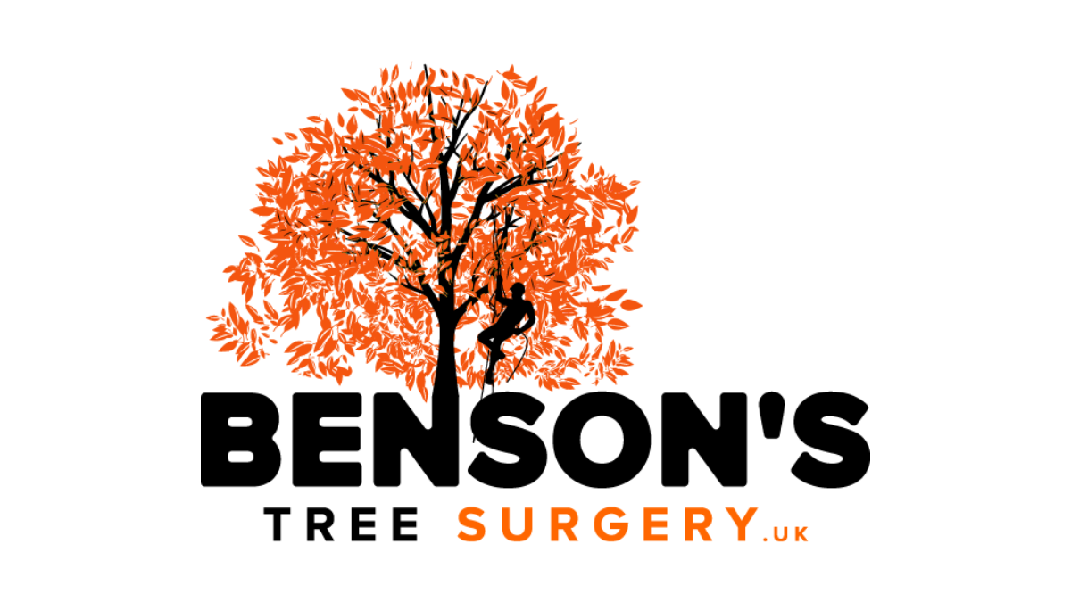 Benson's Tree Surgery Logo. An orange tree with Tree Surgeon hanging from lower limb. Under is the Title, Benson's Tree Surgery.uk